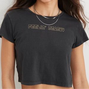 Aerie Cropped Graphic Crop Oversized Tee Baby Shirt XS Black💎EUC 100% Cotton